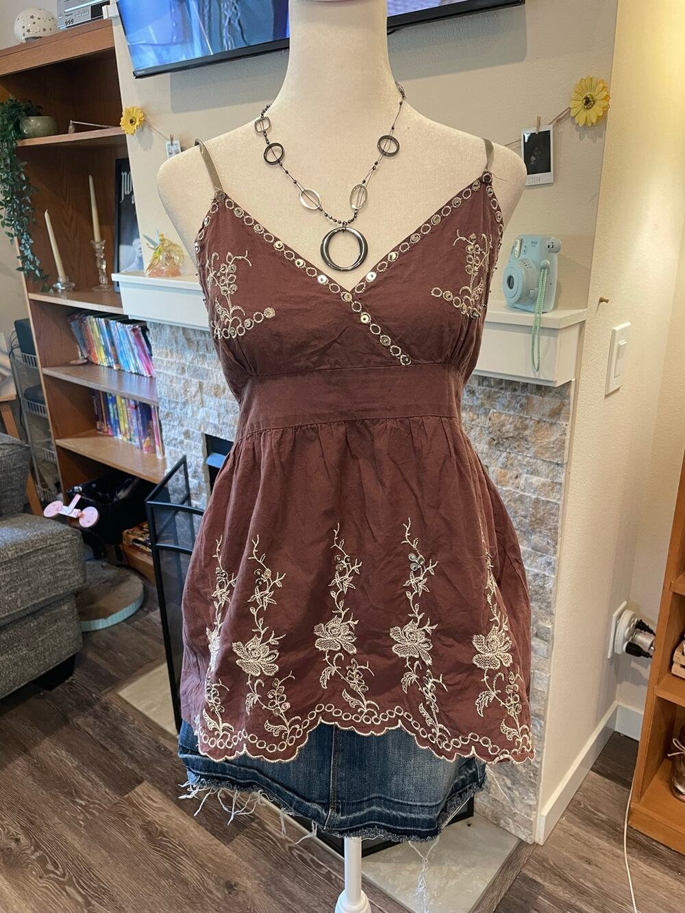 vintage brown sequin and embroidered babydoll top